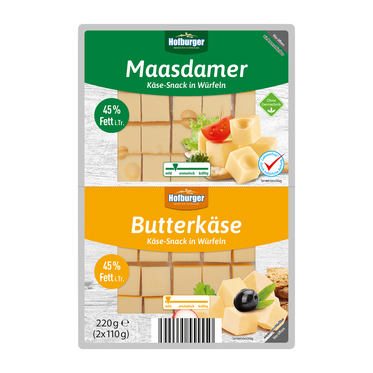 HOFBURGER Käse-Snack in Würfeln Maasdamer/Butterkäse Doppelpackung