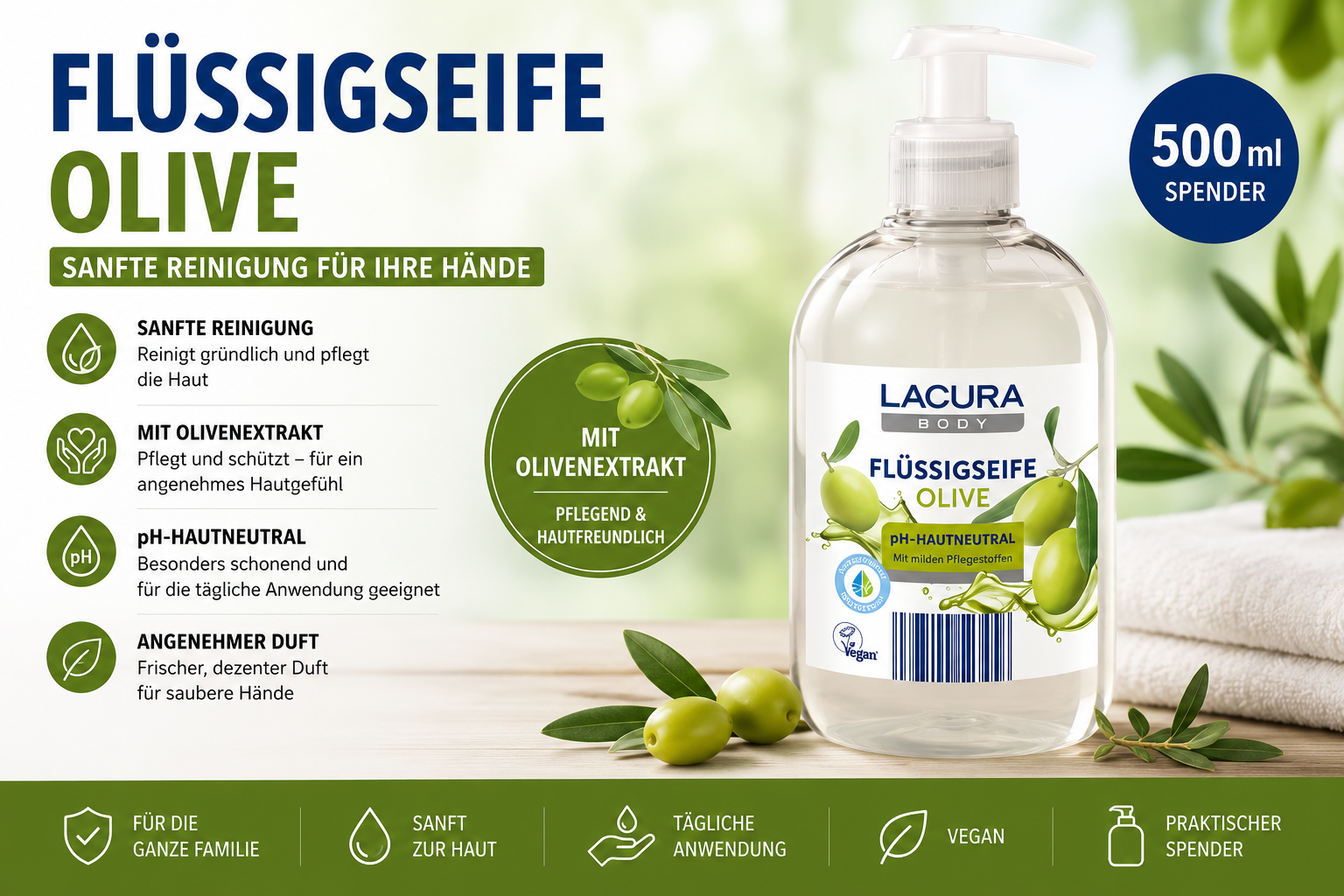 Flüssigseife Olive – 500 ml – pH-hautneutral – mit Pumpspender