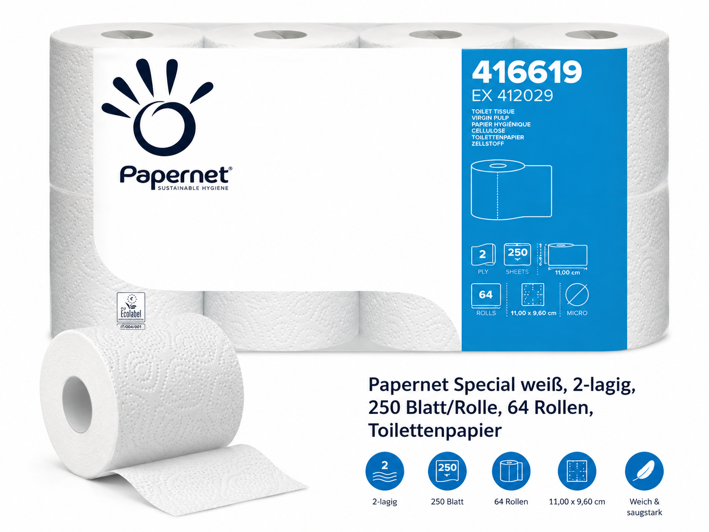 Papernet Special Weiß – 2-lagiges Toilettenpapier, 64 Rollen à 250 Blatt