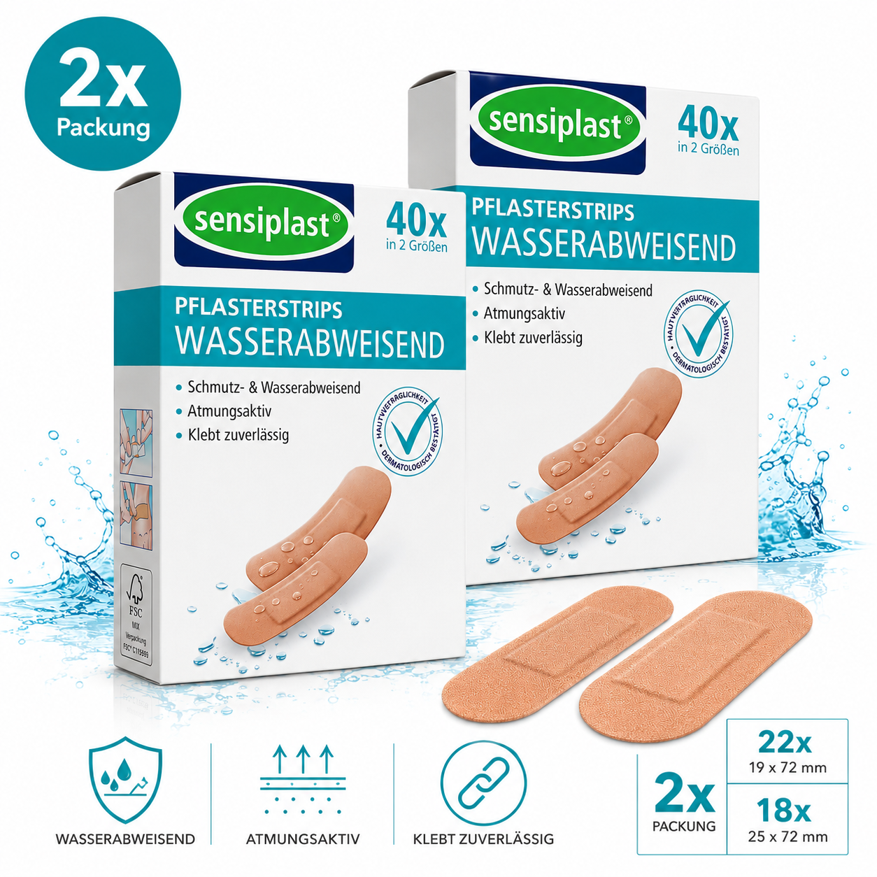 2er Pack Sensiplast Pflasterstrips Wasserabweisend – 2 × 40 Pflaster (80 Stück)