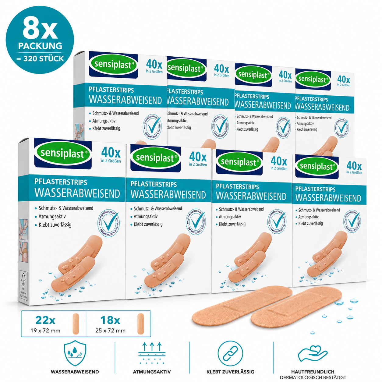 8er Pack Sensiplast Pflasterstrips Wasserabweisend – 8 × 40 Pflaster (320 Stück)
